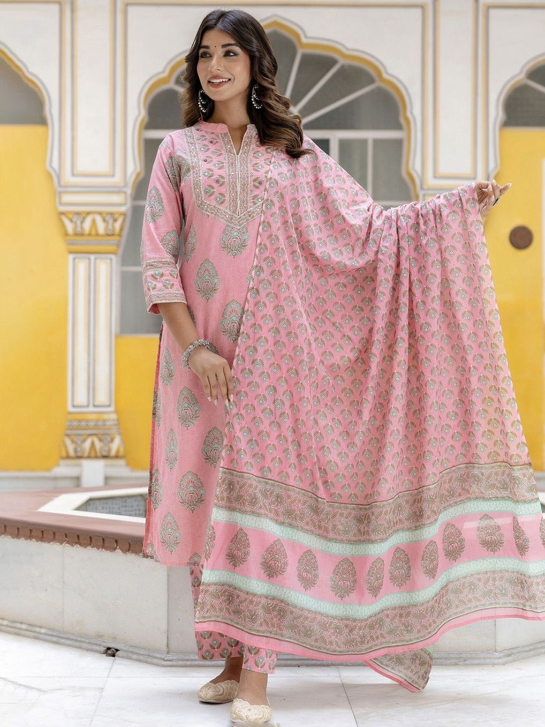 

Kohsh Women Ethnic Motifs Embroidered Regular Mirror Work Pure Cotton Kurta with Trousers & With Dupatta, Pink