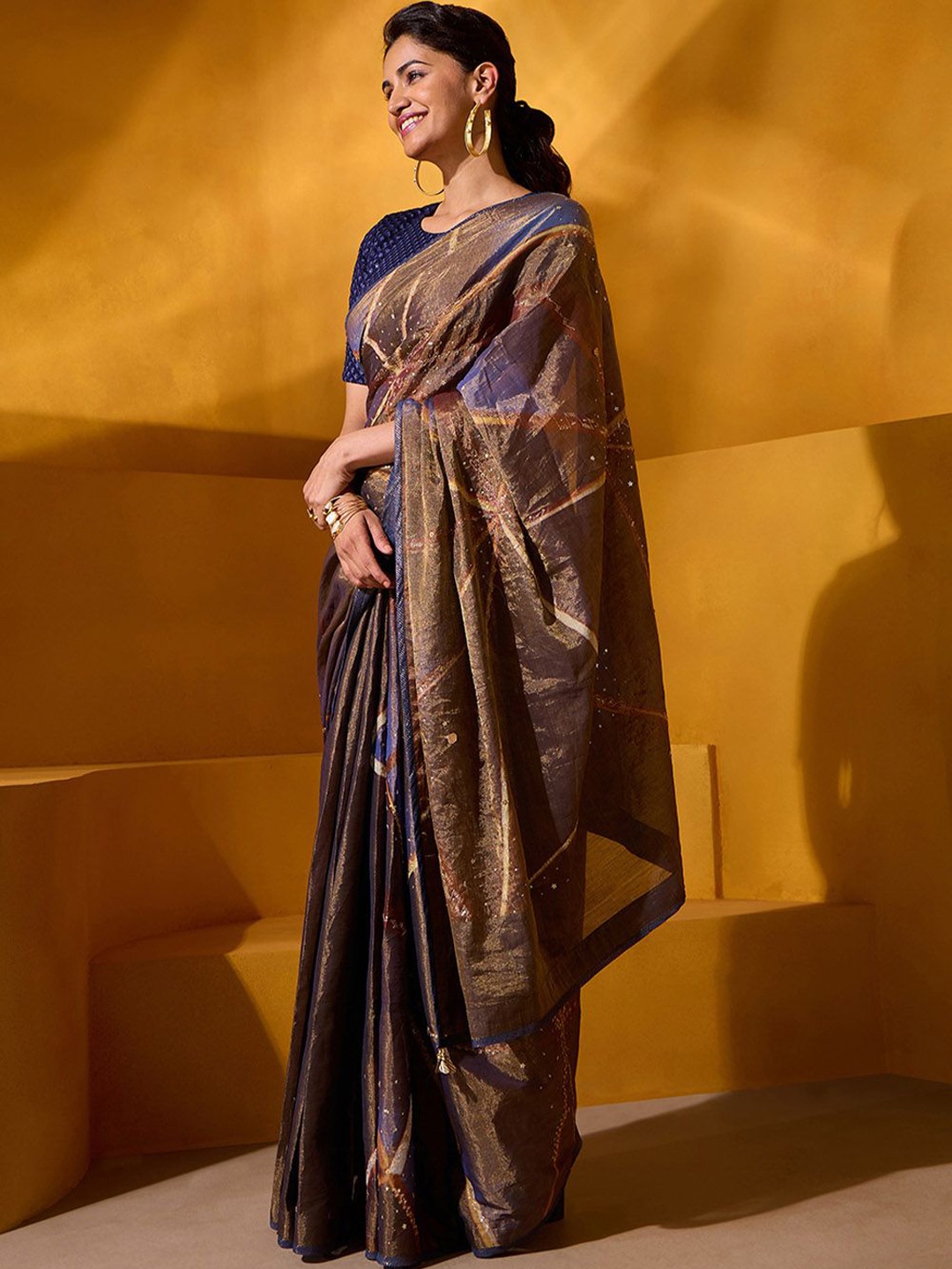

Taneira Embroidered Zari Tissue Saree With Blouse Piece, Brown