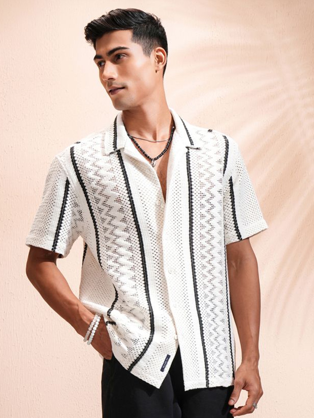 

HIGHLANDER Men Crochet Cuban Collar Relaxed Shirt, Off white