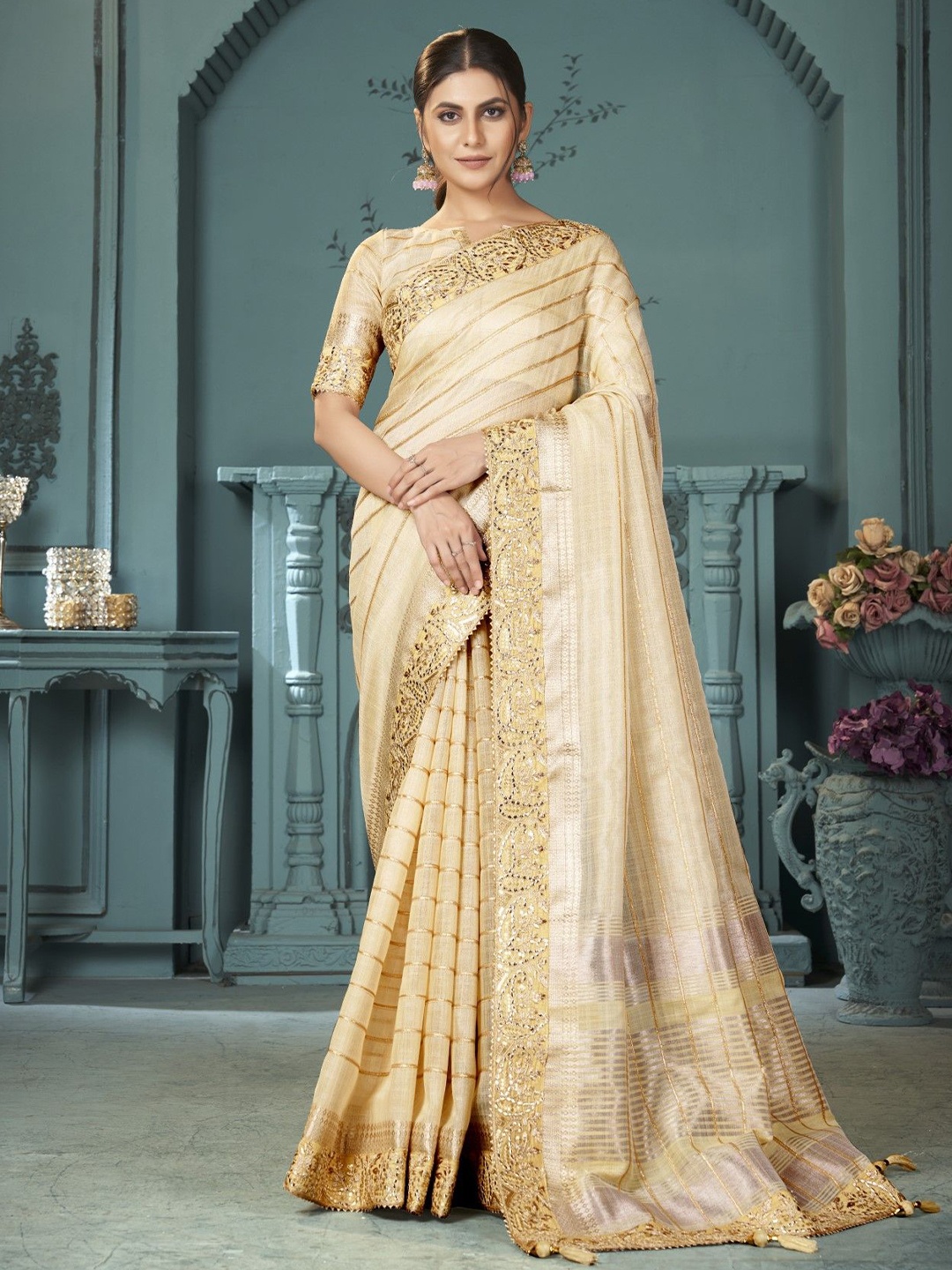 

Mitera Striped Embroidered Saree, Beige
