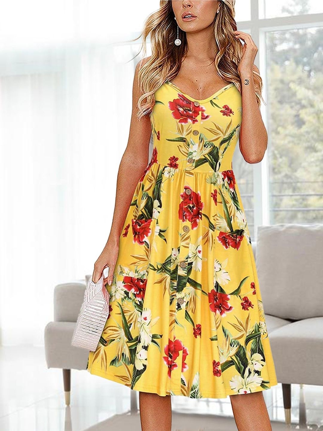 

KPOP Floral Printed Fit & Flare Dress, Yellow