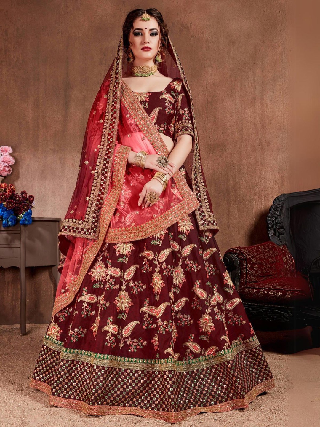 

ODETTE Paisley Embroidered Sequinned Semi-Stitched Lehenga & Blouse With Dupatta, Maroon