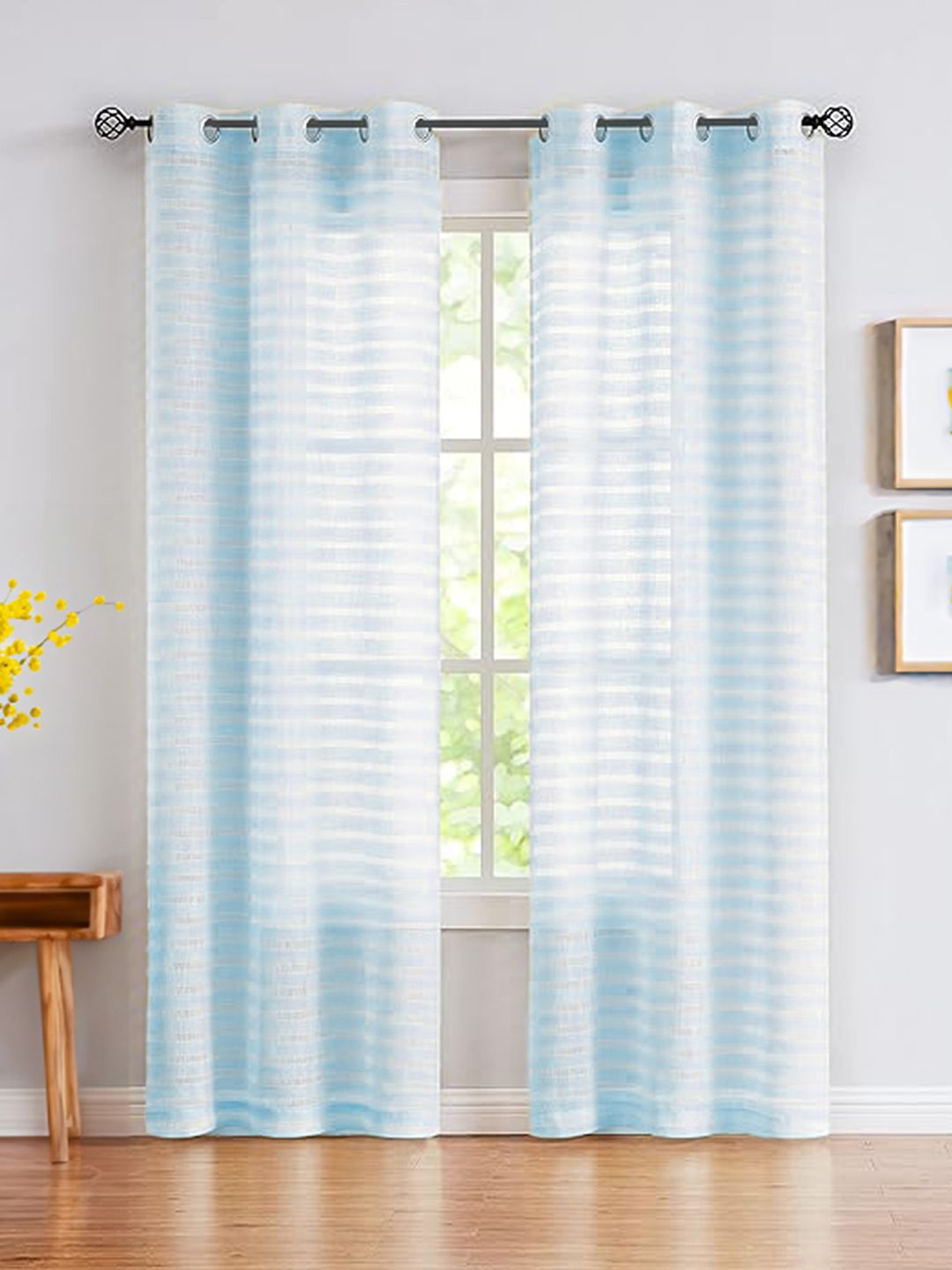 

URBAN SPACE Blue & White 2 Pieces Striped Sheer Long Door Curtain