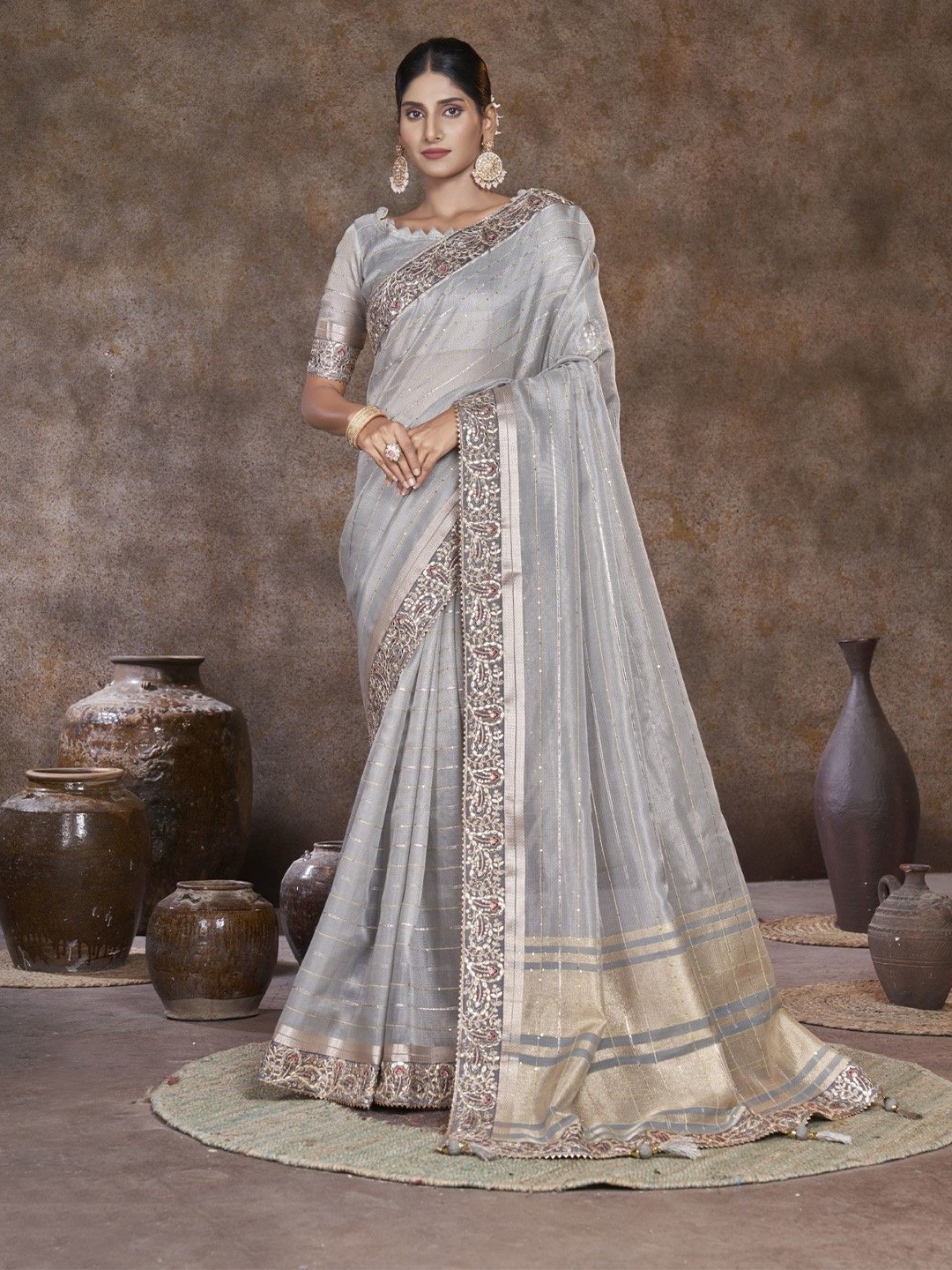 

Mitera Striped Sequinned Linen Saree, Grey