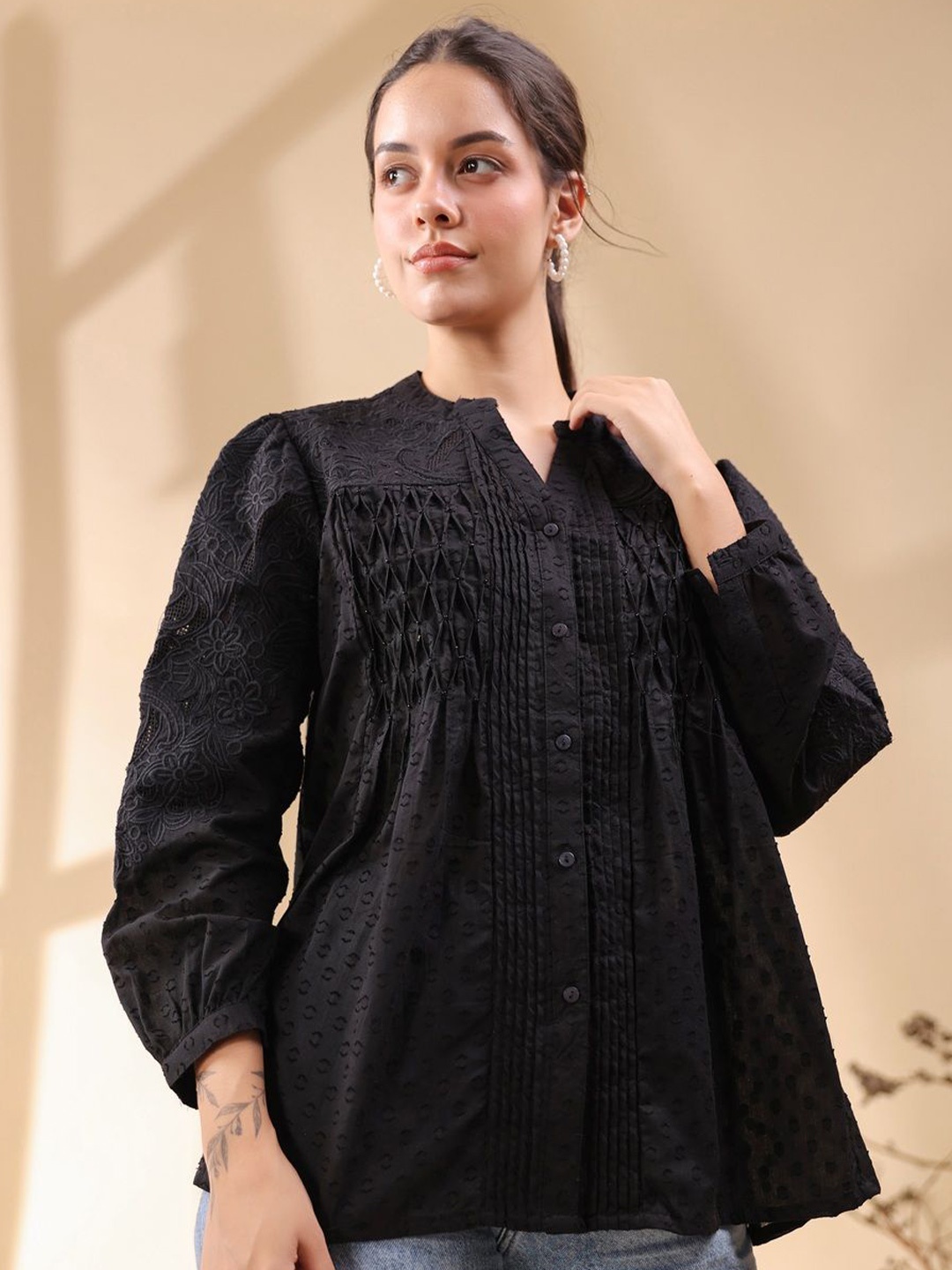 

Nyaro Embroidered Mandarin Collar Bohemian Top, Black