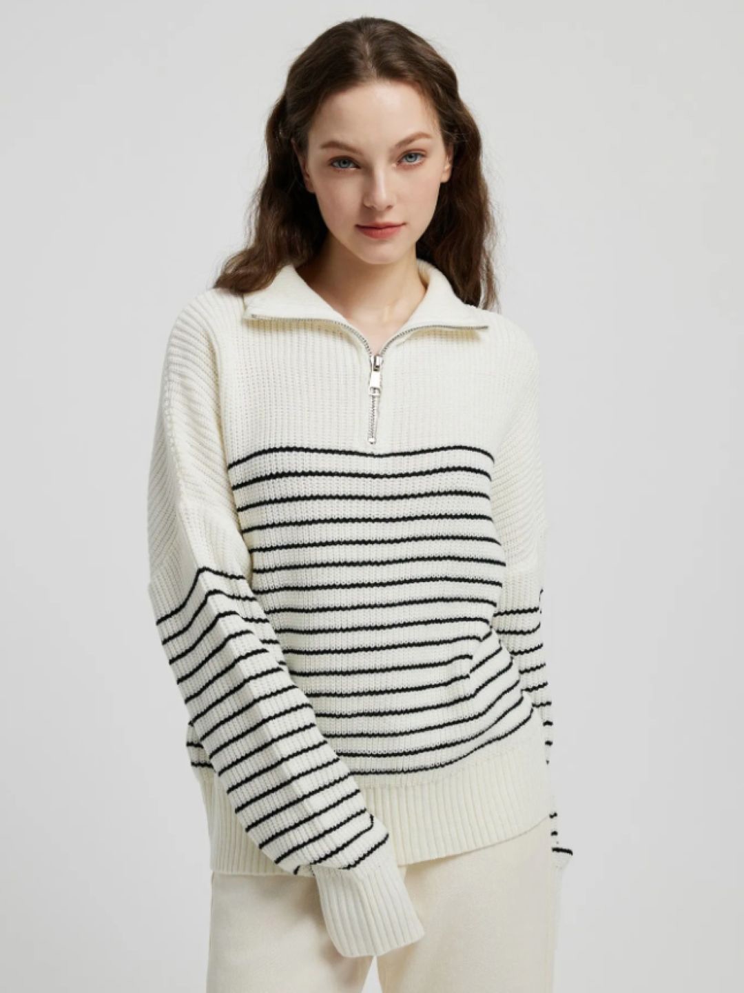 

KPOP Women Horizontal Striped Shirt Collar Acrylic Top, White