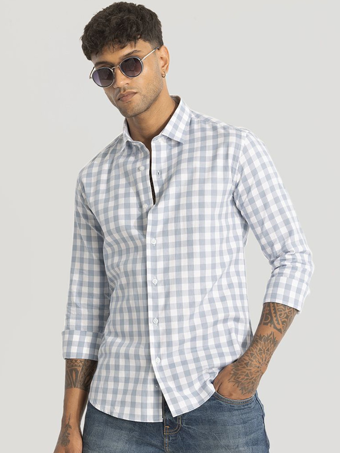 

Snitch Men Smart Slim Fit Opaque Checked Casual Shirt, Blue