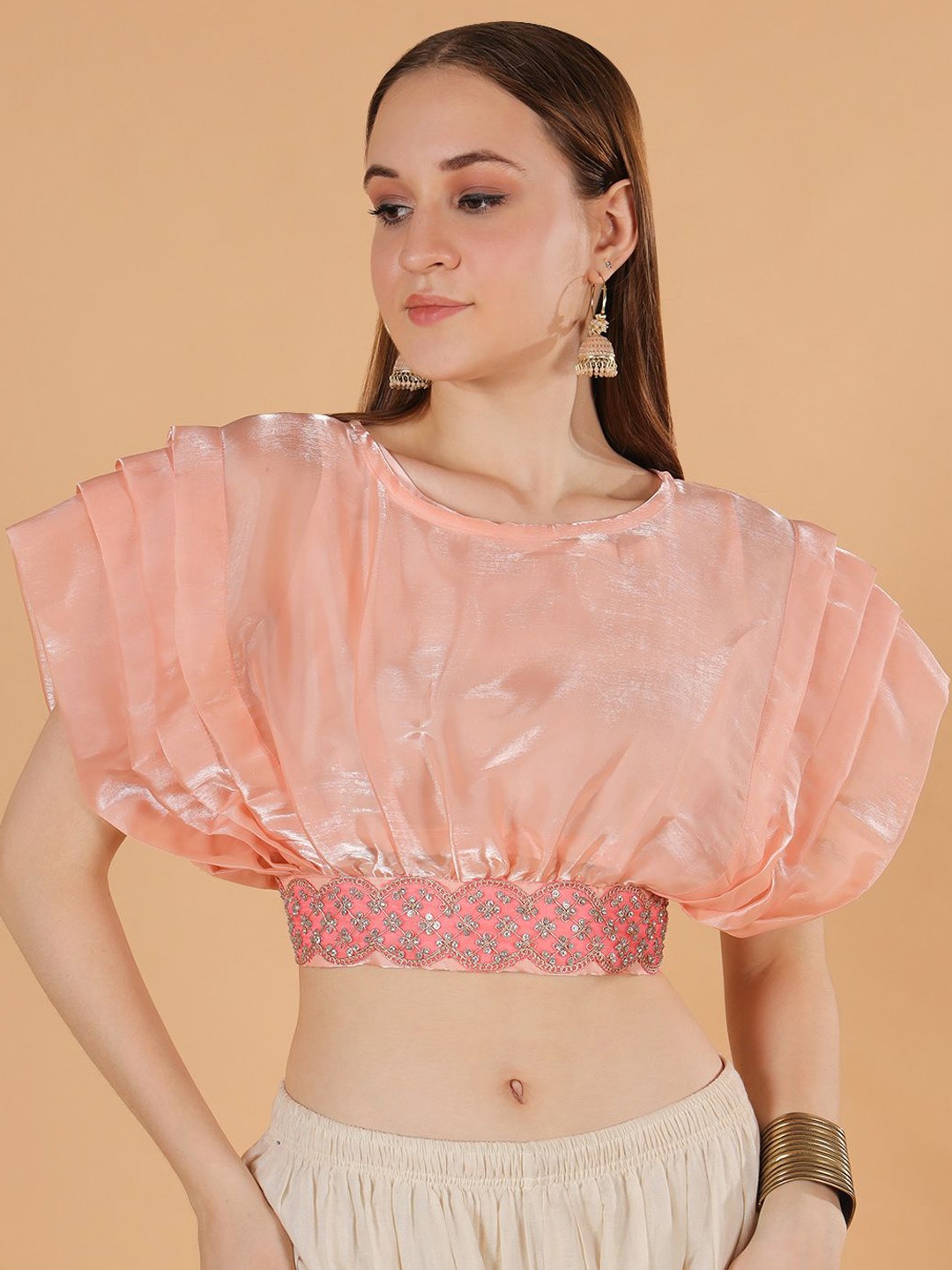 

Frolic Rolic Solid Organza Round Neck Embellished Belt Saree Blouse With Inner Cami, Peach