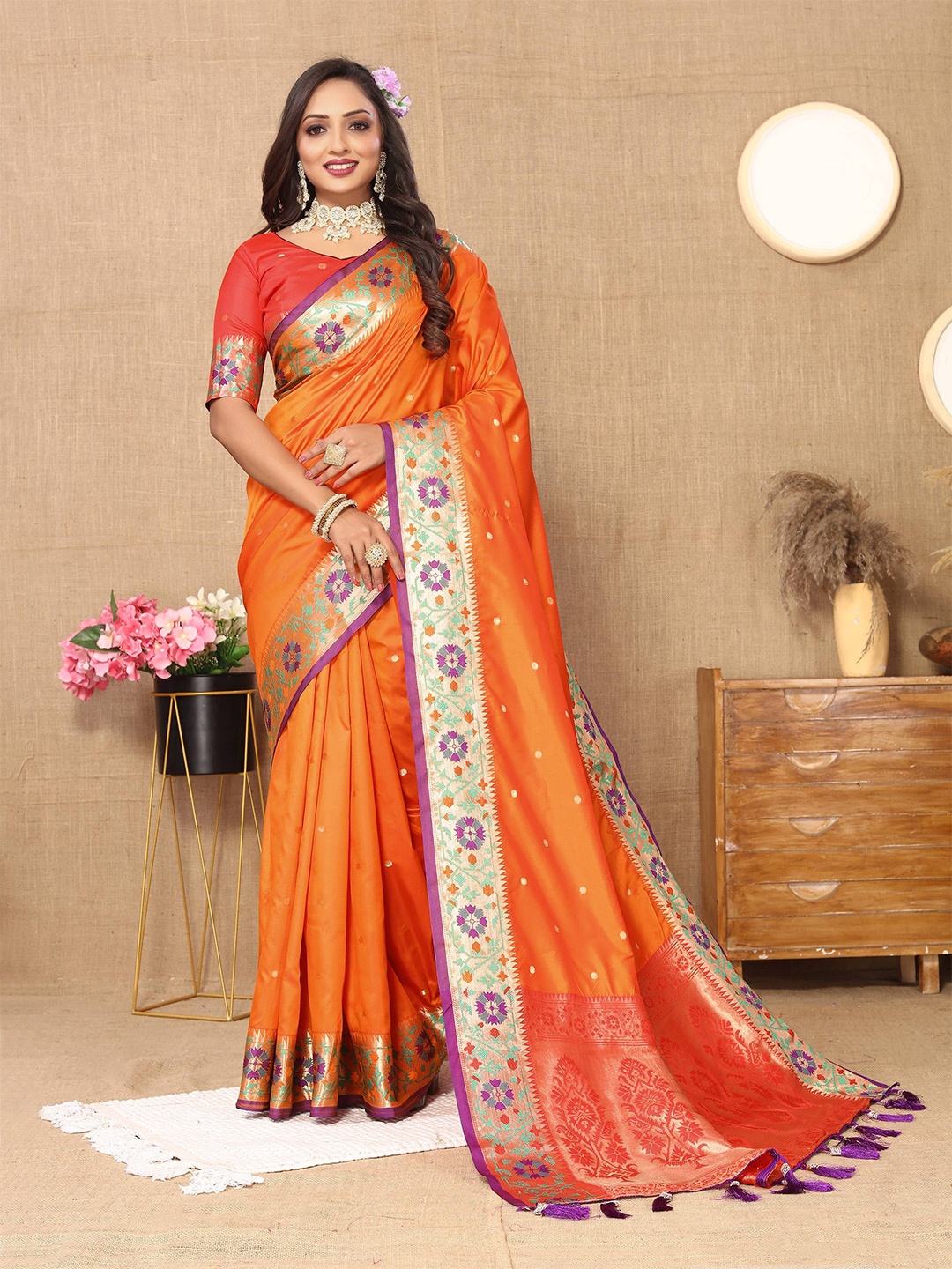 

Zeekha Woven Design Zari Pure Silk Kanjeevaram Saree, Orange