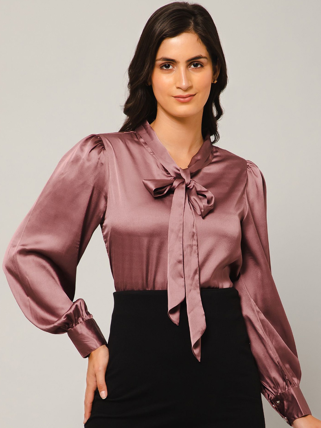 

PURYS WORKSPACE Women Solid Tie-Up Neck Top, Purple