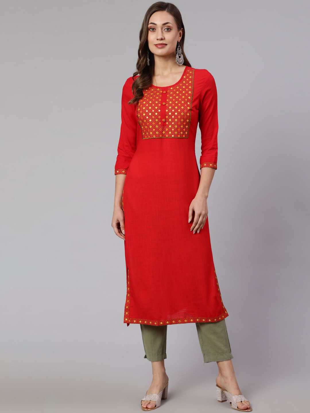 

STYLE ANGEL Embroidered Mirror Work Round Neck Straight Kurta, Red