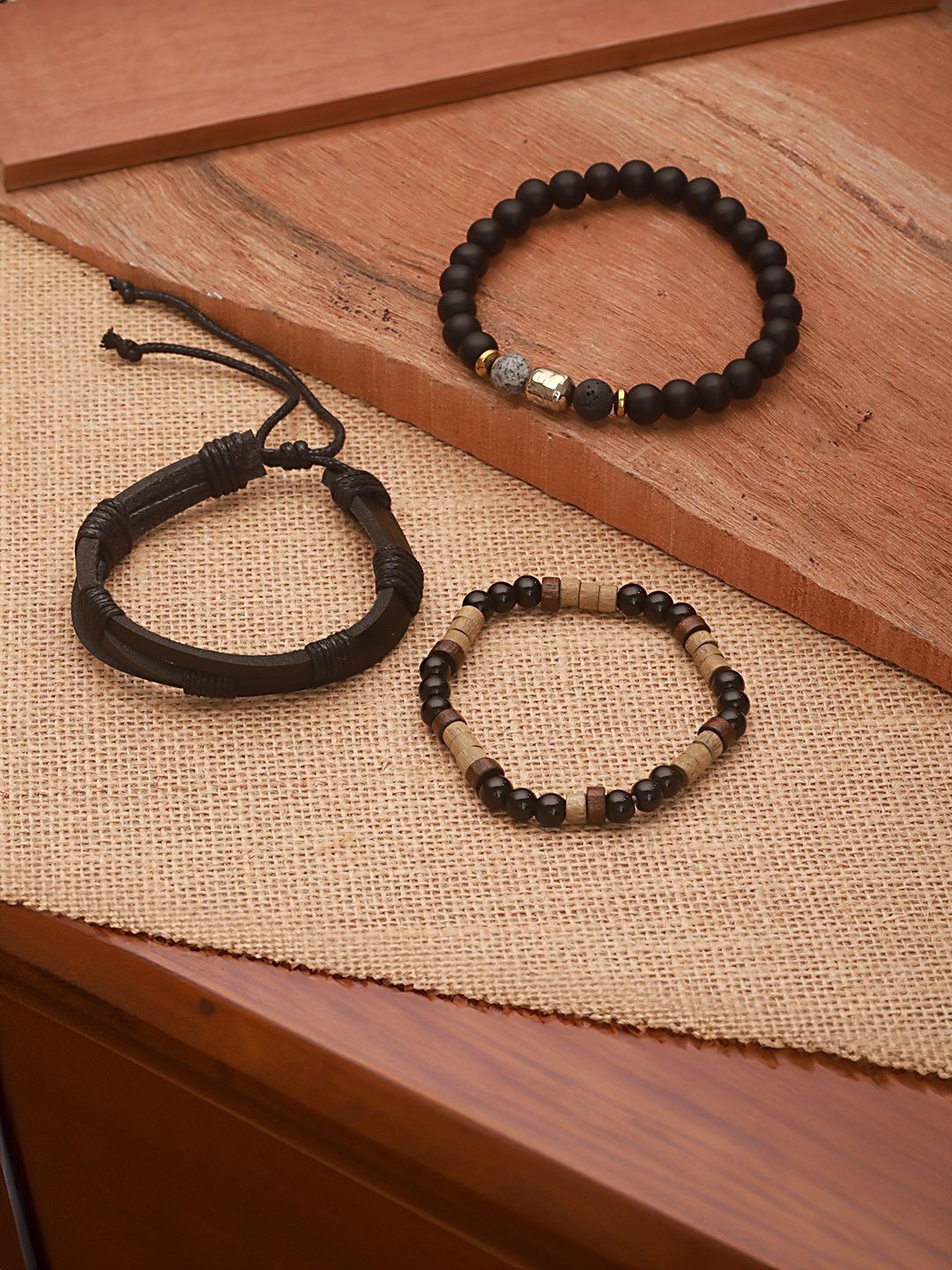 

Jazz and Sizzle Men Set of 3 Beaded Elasticated Bracelet, Black