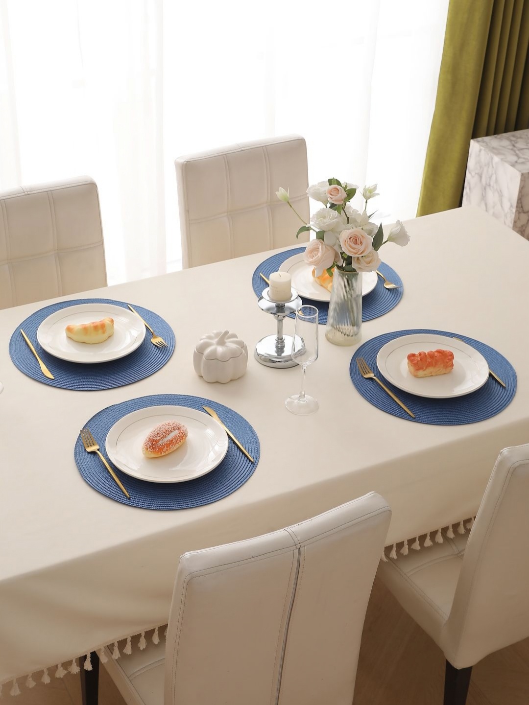 

HOKIPO 4-Pcs Blue Textured Round Table Placemats