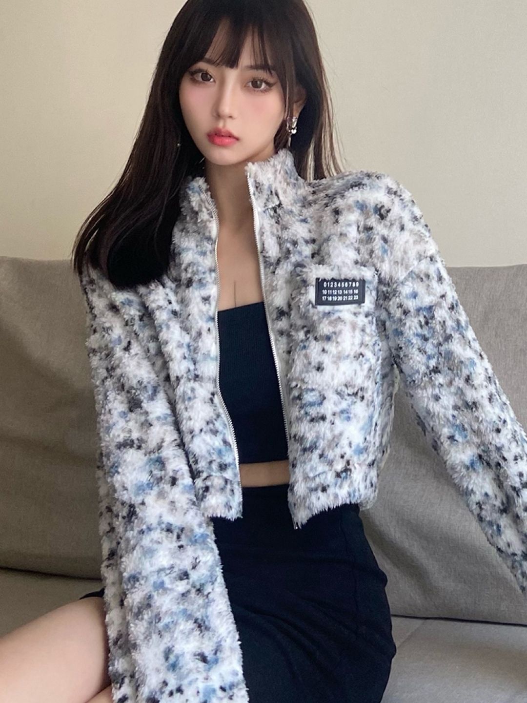 

KPOP Women Printed Crop Open Front Jacket, White