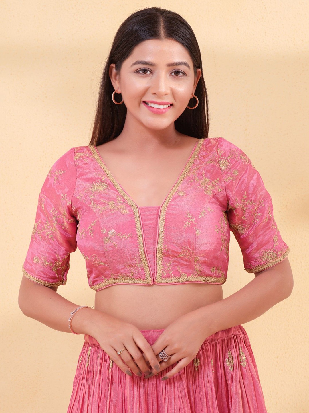 

Mmore Embroidered V- Neck Saree Blouse, Pink