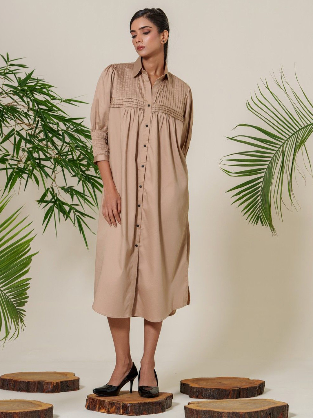 

KINA Puff Sleeve Shirt Midi Dress, Brown