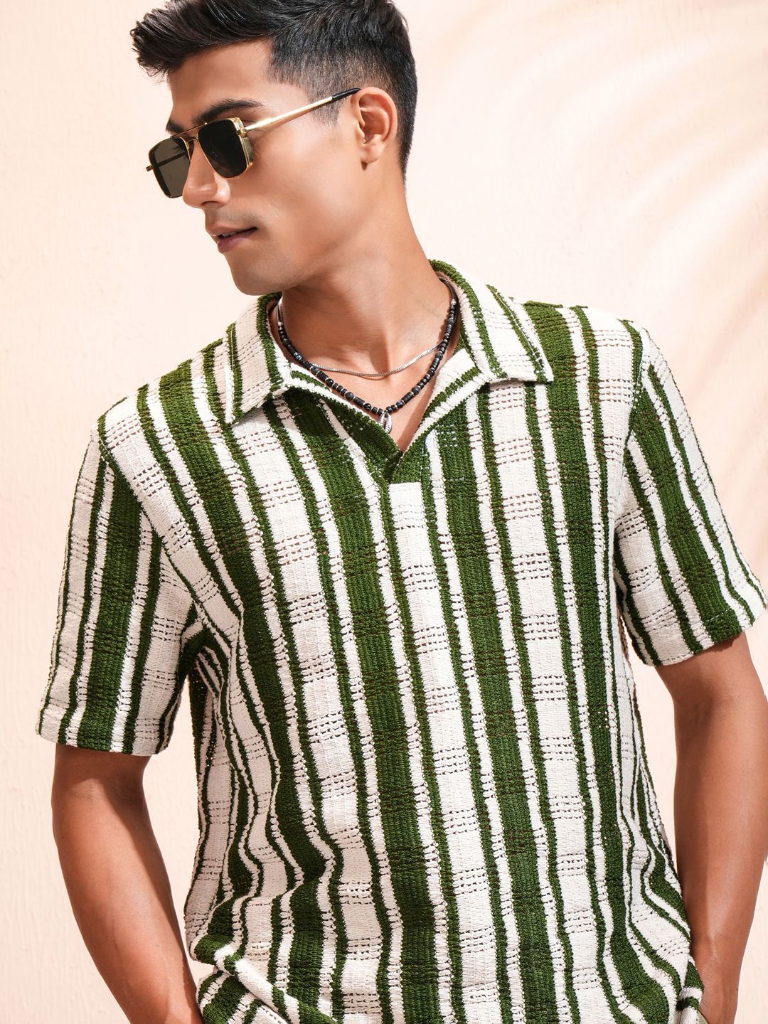 

HIGHLANDER Men Crochet Polo Color Relaxed Shirt, Green