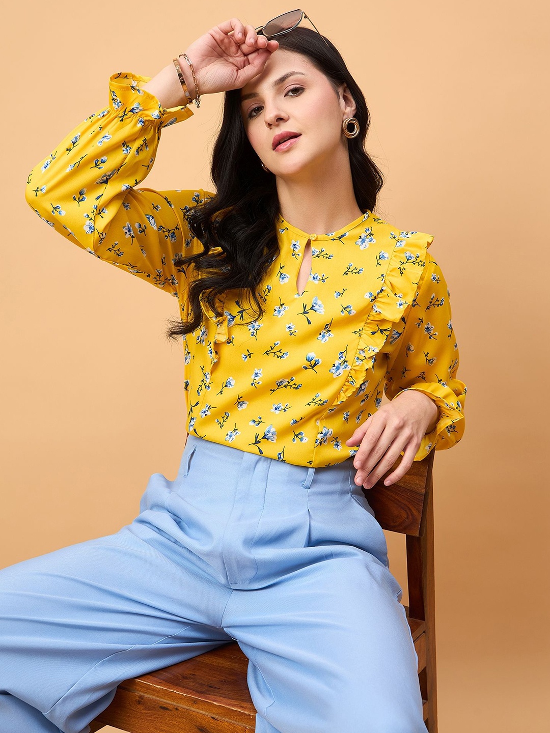 

NEESH Women Floral Printed Keyhole Neck Top, Yellow