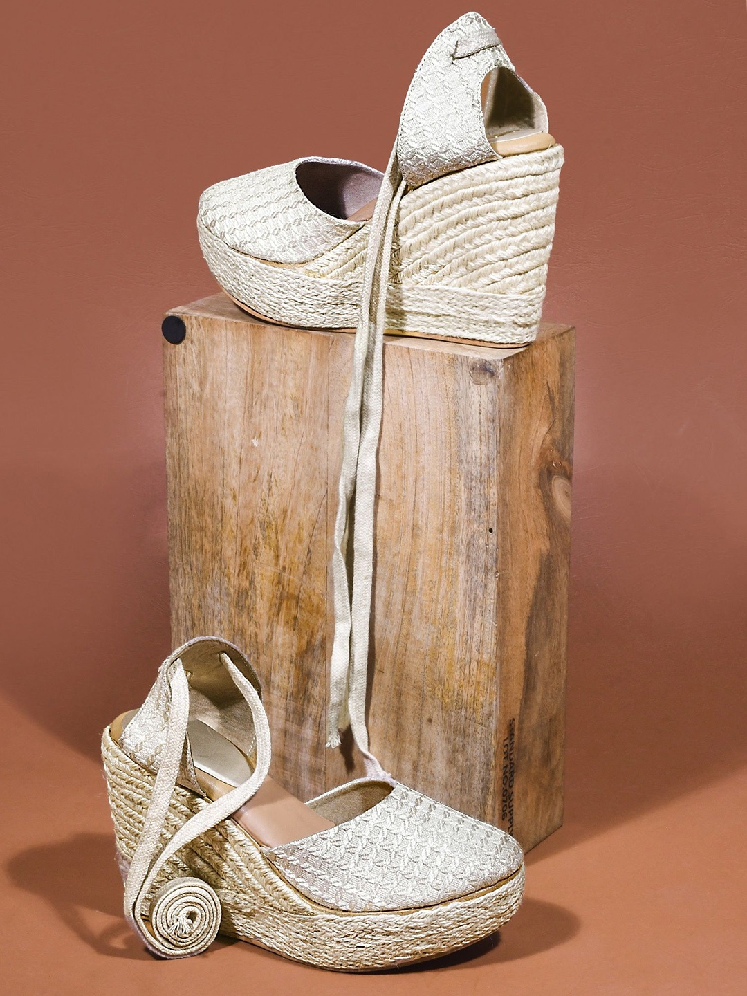 

THE WHITE POLE Embroidered Wedge Heel Sandals, Cream