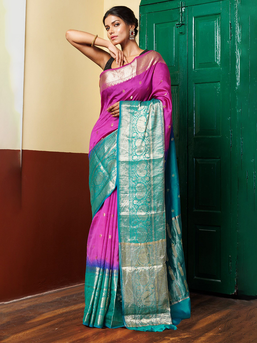 

Unnati Silks Zari Organza Handloom Banarasi Saree, Pink