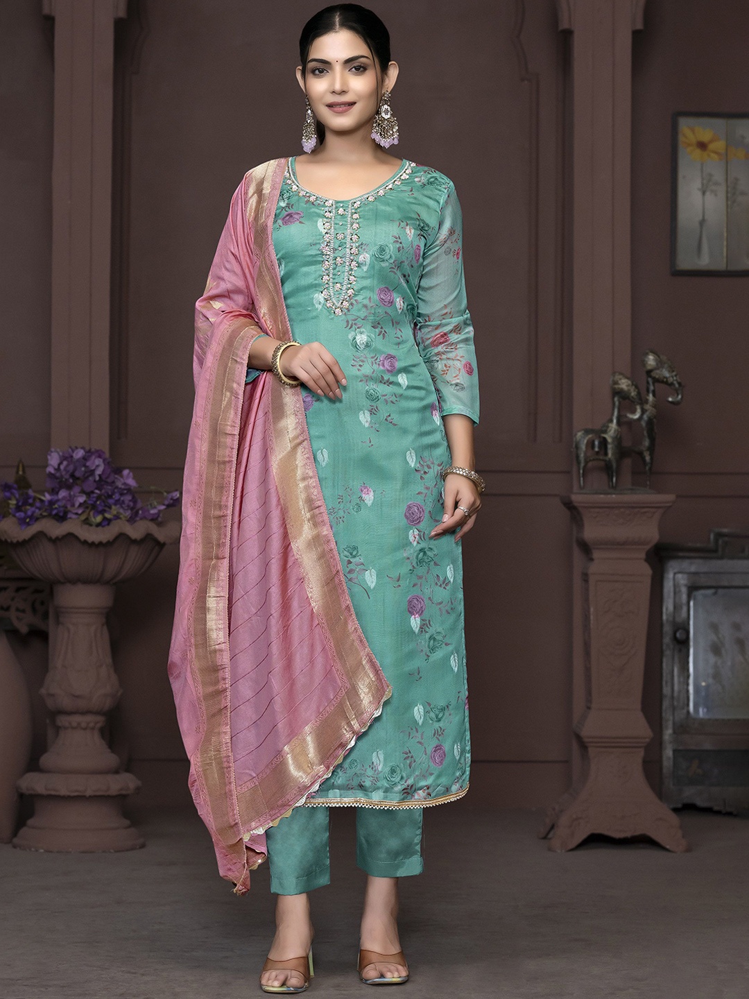 

Maroosh Floral Printed Beads & Stones Organza Unstitched Dress Material, Sea green