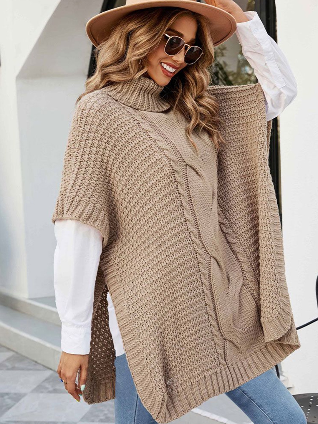 

StyleCast Women Cable Knit Longline Poncho, Brown