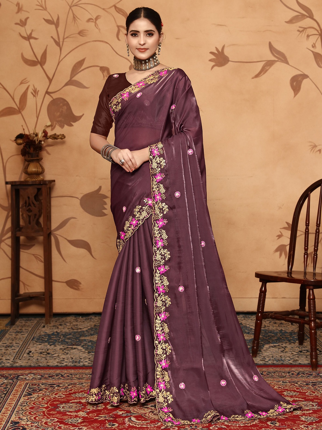 

VIRICA Floral Embroidered Saree, Burgundy