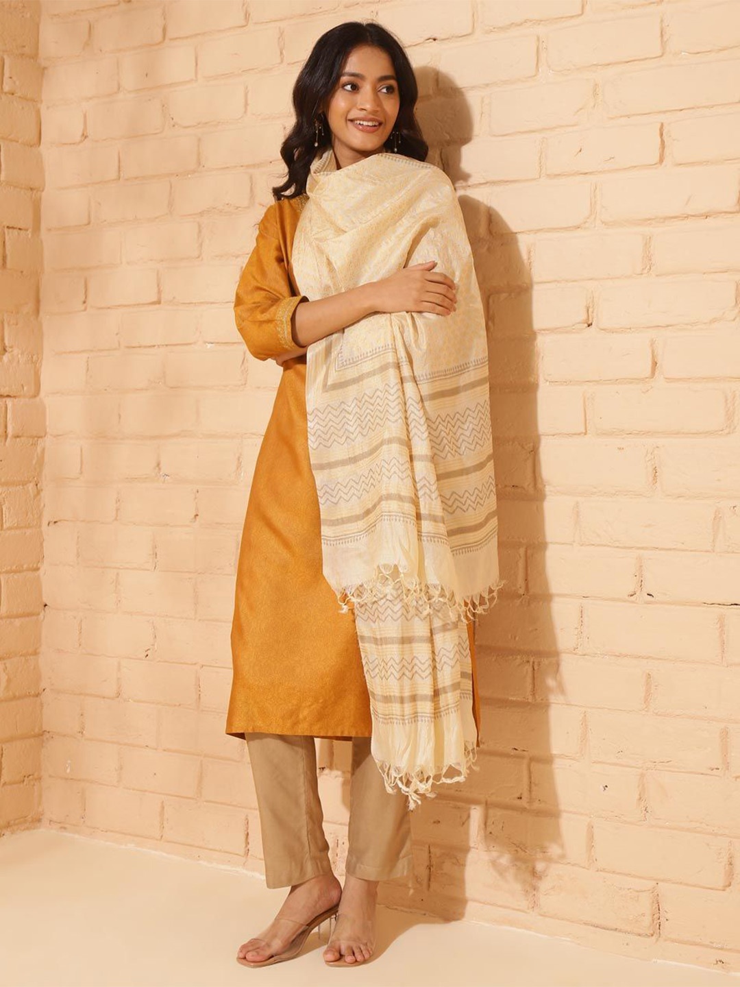 

Fabindia Ethnic Motifs Woven Design Silk Dupatta, Beige