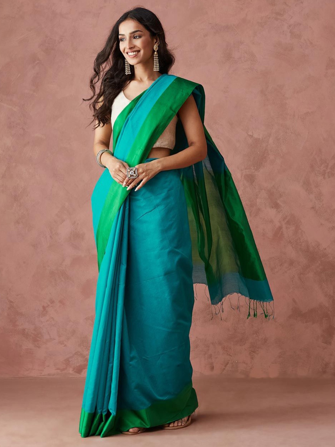 

Fabindia Solid Saree With Solid Border, Turquoise blue