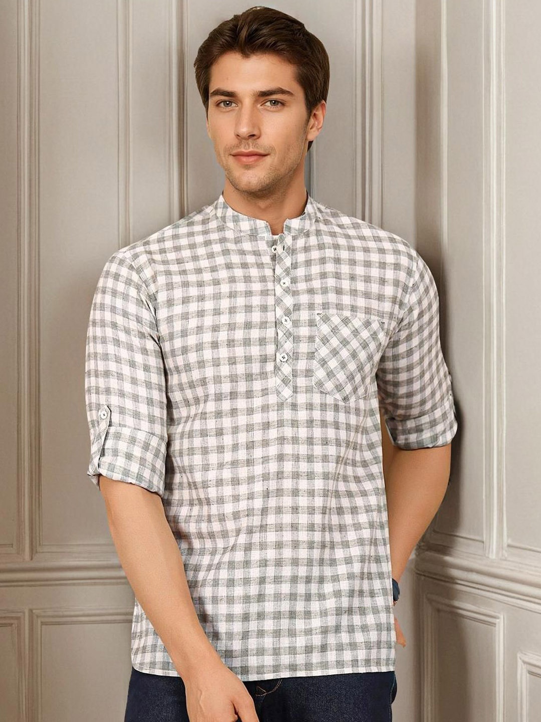 

Anouk Checked Mandarin Collar Neck Long Sleeves Cotton Short Kurta, Grey