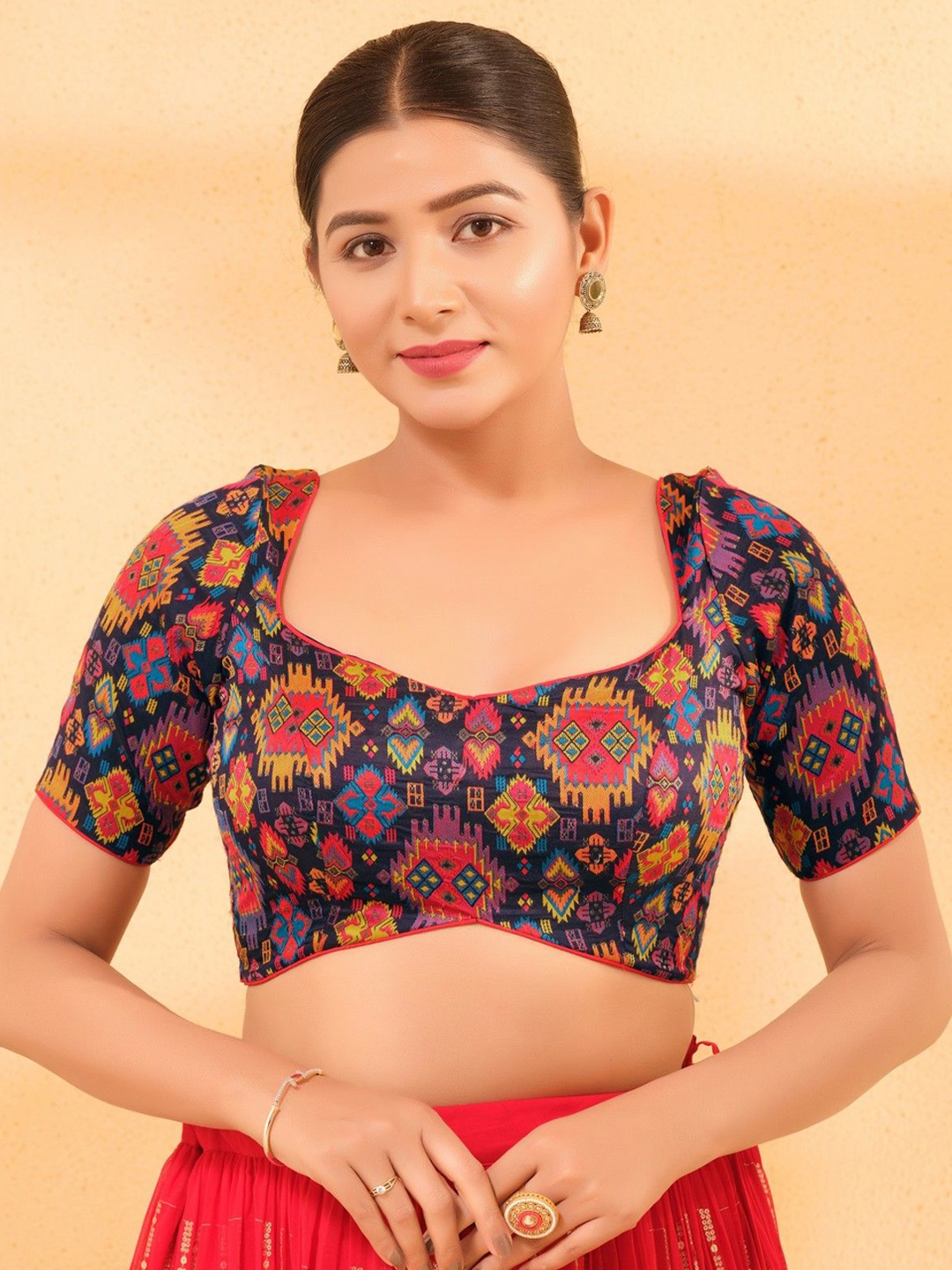 

Mmore Printed Padded Saree Blouse, Navy blue