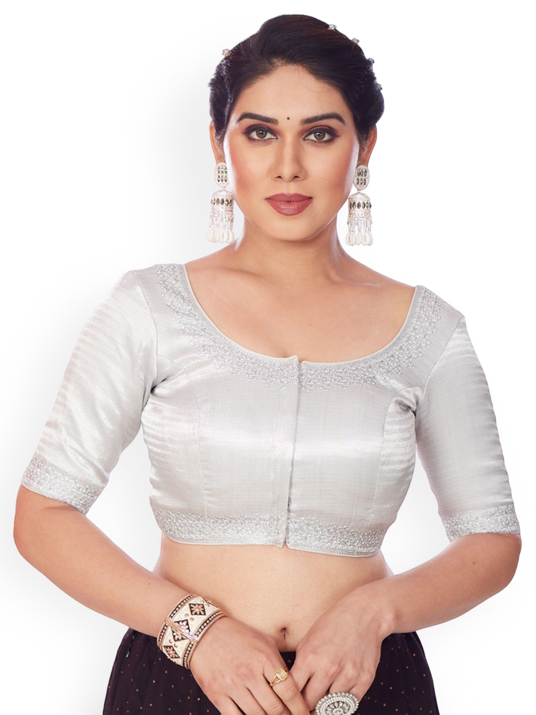 

Mmore Embroidered Round Neck Saree Blouse, Silver