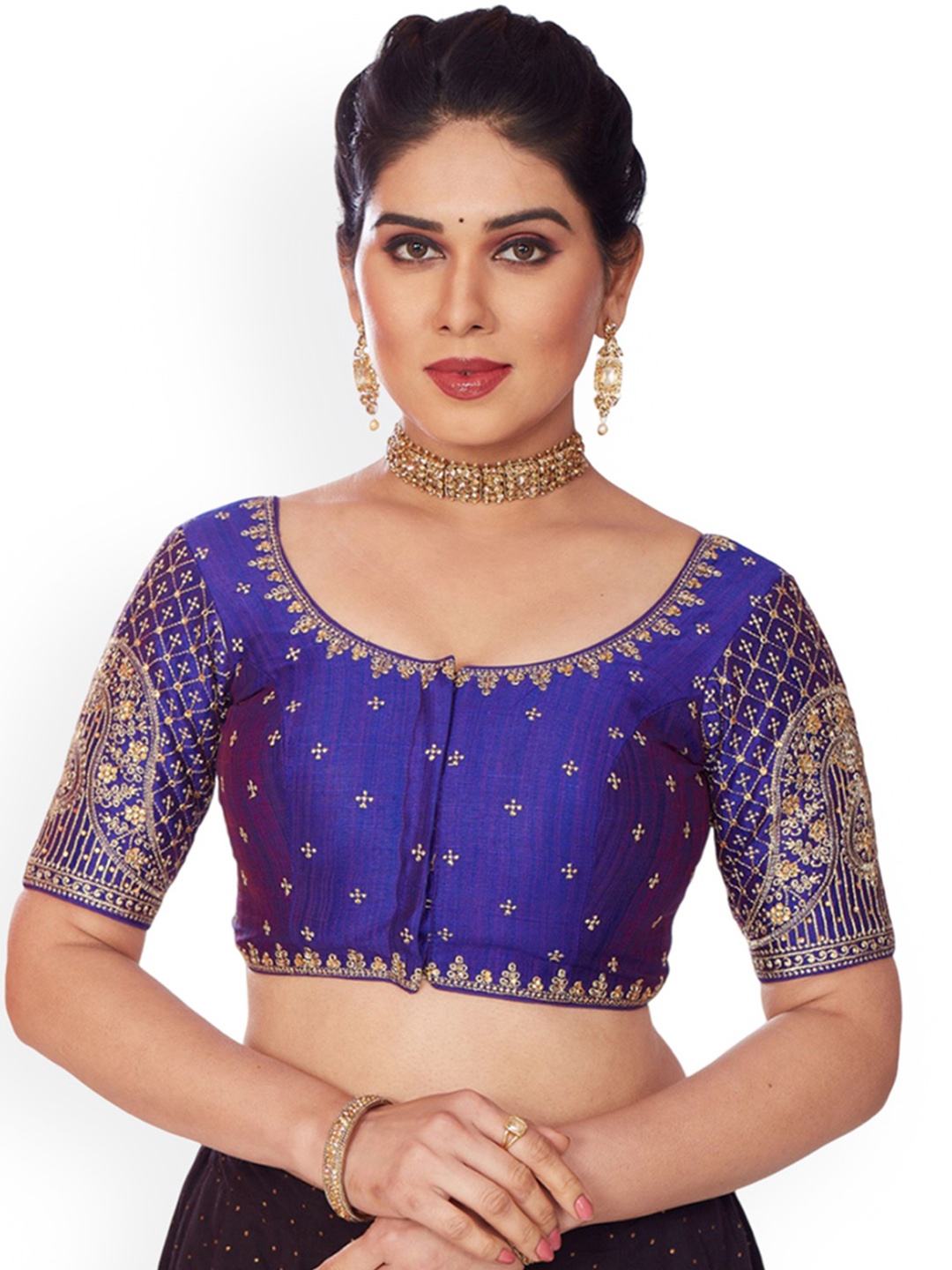 

Mmore Embroidered Padded Saree Blouse, Purple