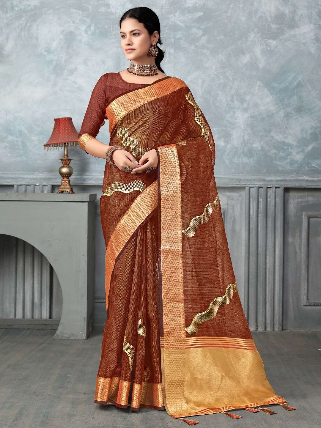 

VIRICA Woven Design Tissue Saree, Brown
