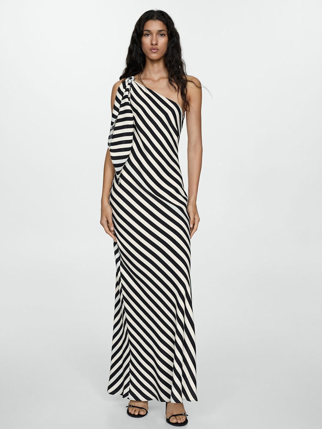 

MANGO Striped One Shoulder Sheath Maxi Dress, White
