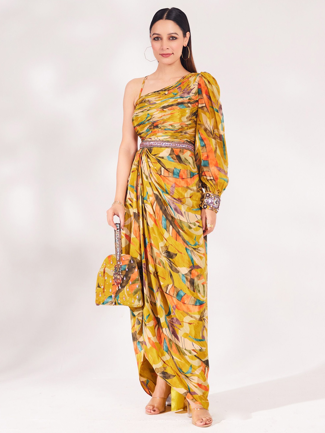 

Chaashni by Maansi & Ketan Printed Maxi Dress With Handbag, Mustard