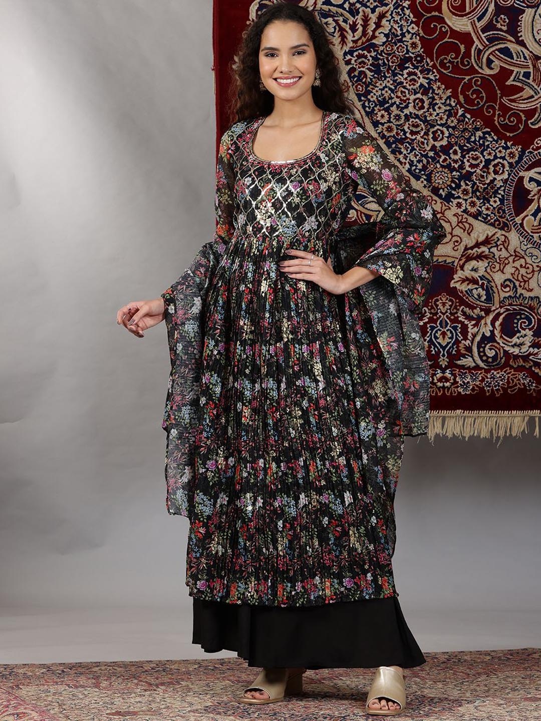 

AURELIA Women Floral Printed Regular Sequinned Kurta with Palazzos & With Dupatta, Black