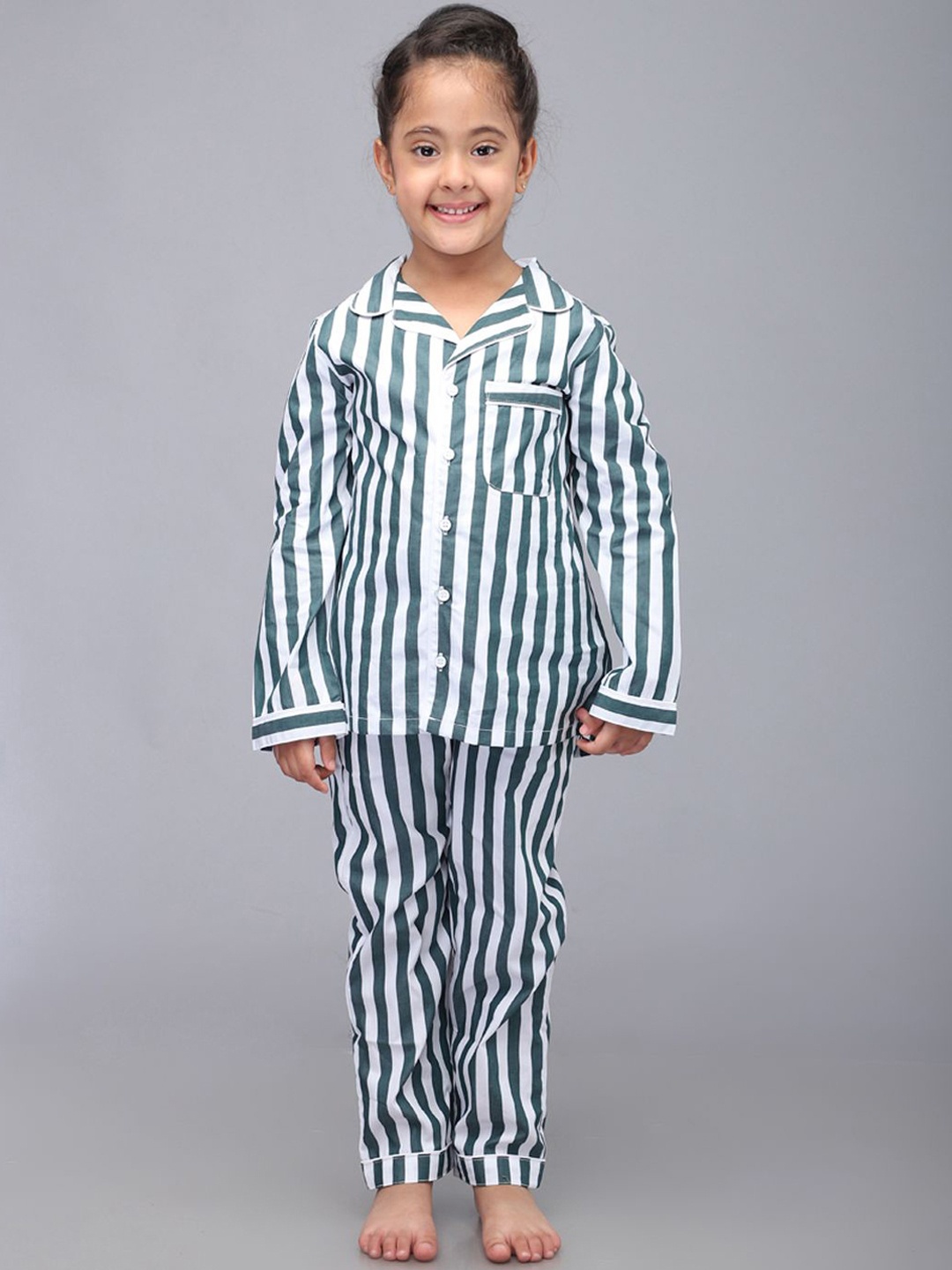 

Biglilpeople Kids Striped Lapel Collar Pure Cotton Night suit, White