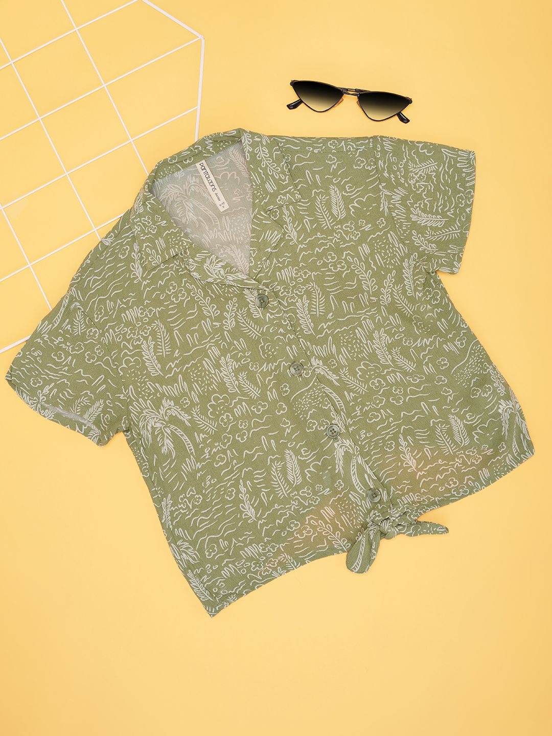 

Pantaloons Junior Girls Floral Printed Cuban Collar Top, Olive