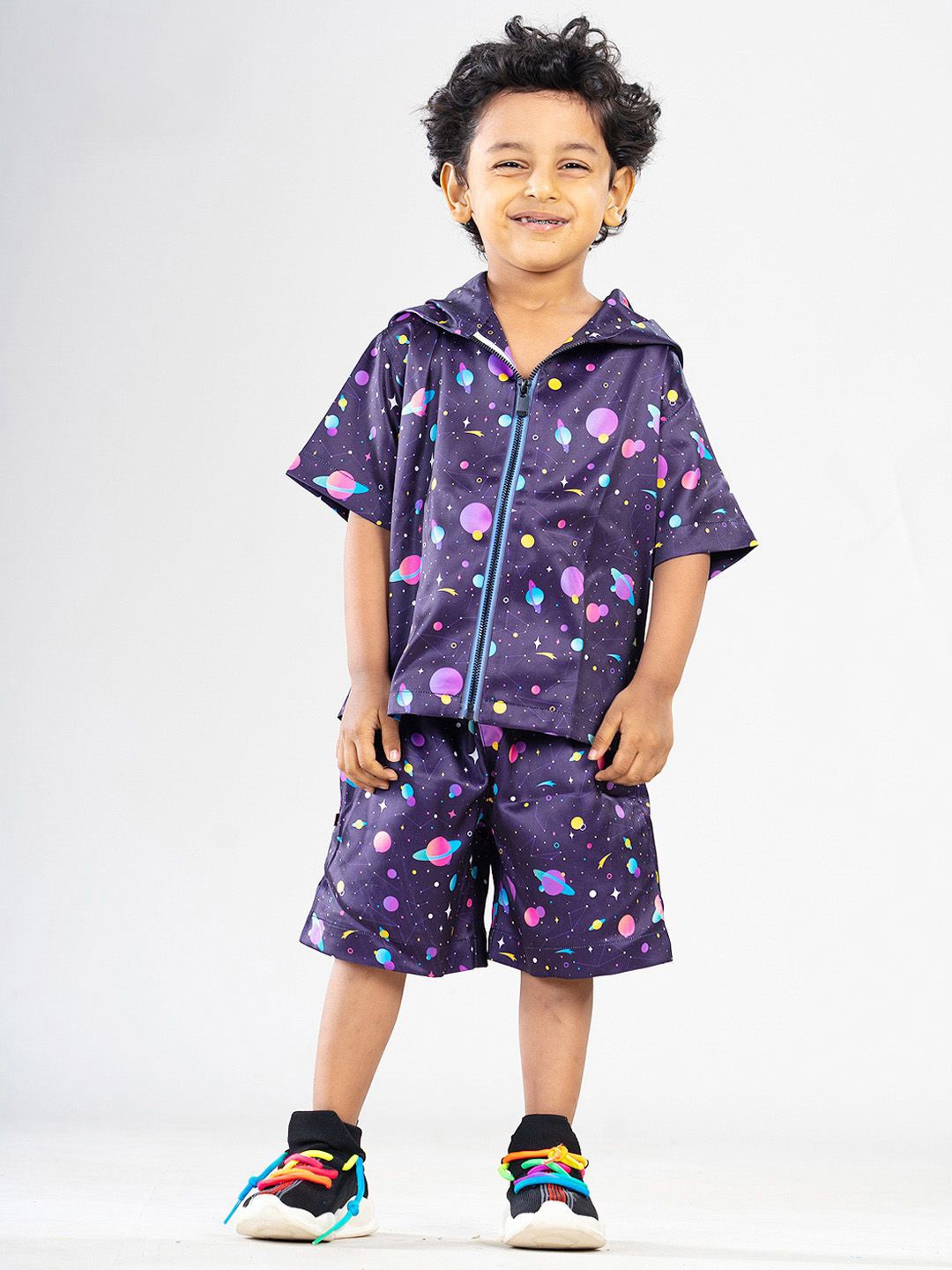 

BAYA COUTURE Boys Printed Hooded Satin Party Shirt with Shorts, Navy blue
