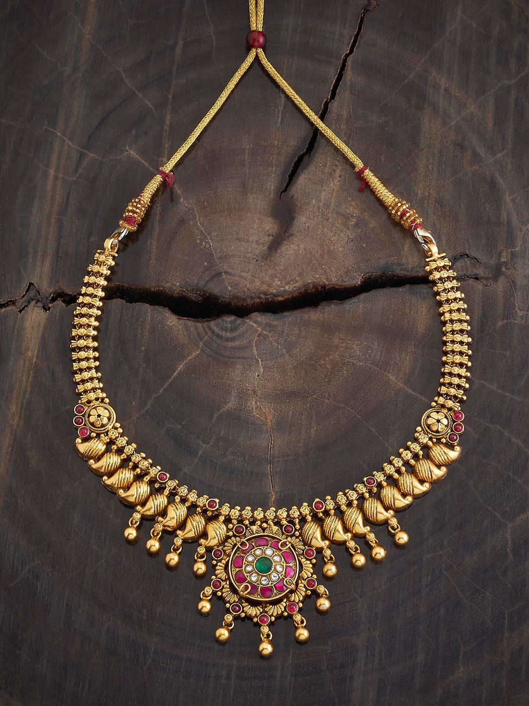 

Kushal's Fashion Jewellery 92.5 Pure Silver Gold-Plated Stone Studded Temple Necklace