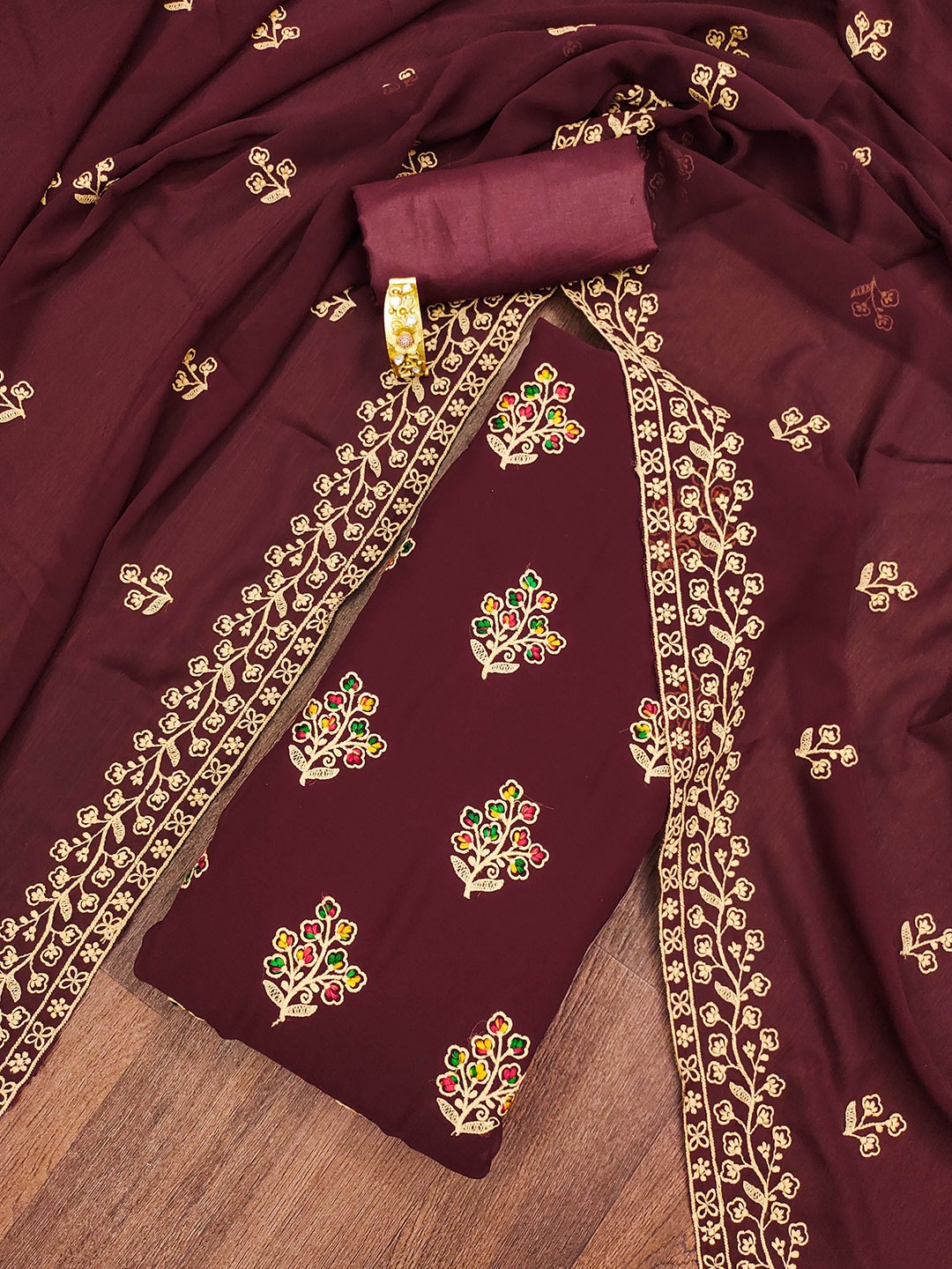 

KALINI Embroidered Silk Georgette Unstitched Dress Material, Maroon