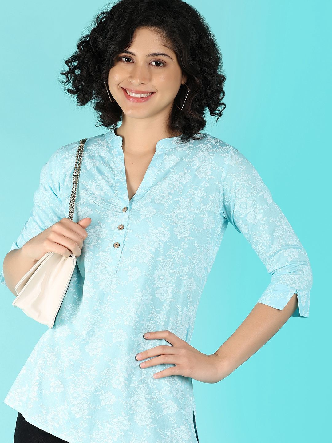 

V-Mart Floral Printed Mandarin Collar Top, Blue