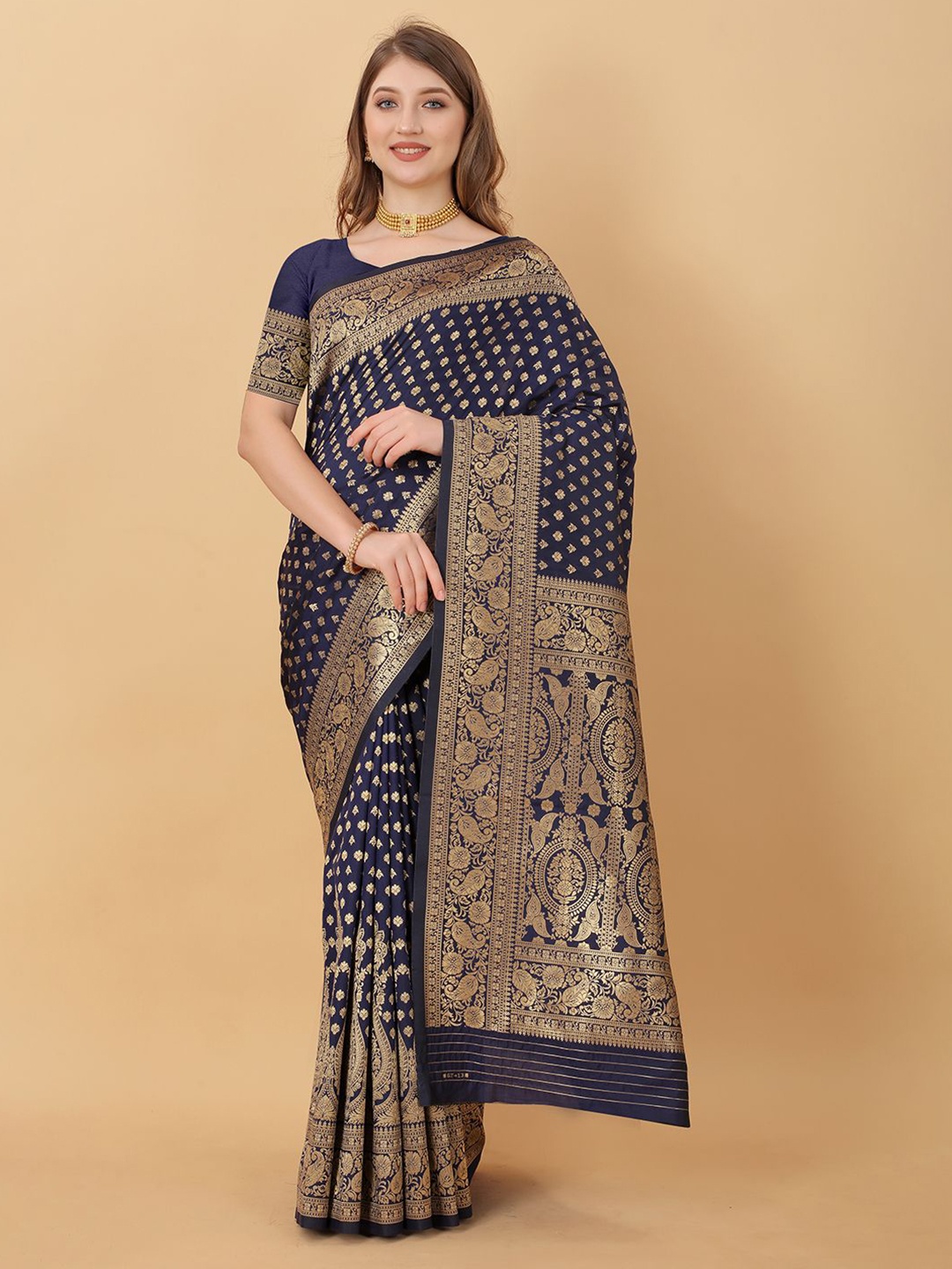 

NIWAA Ethnic Motifs Woven Design Zari Pure Silk Kanjeevaram Saree, Navy blue