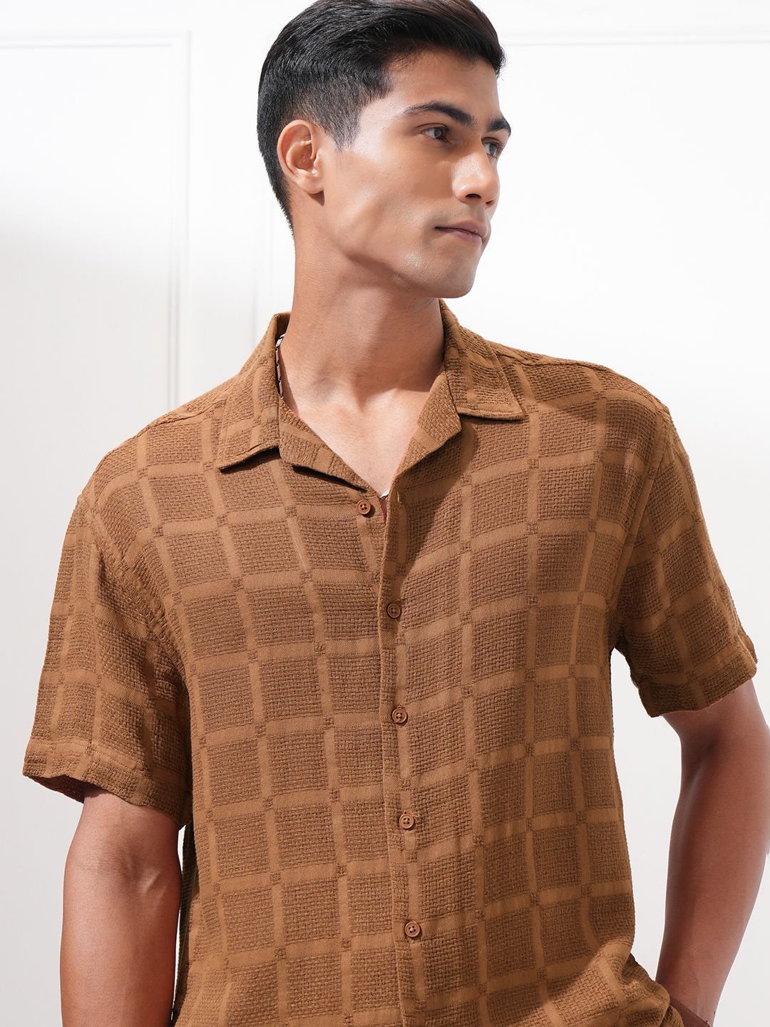 

Highlander Men Dobby Textured Solid Cuban Collar Relaxed Shirt, Brown