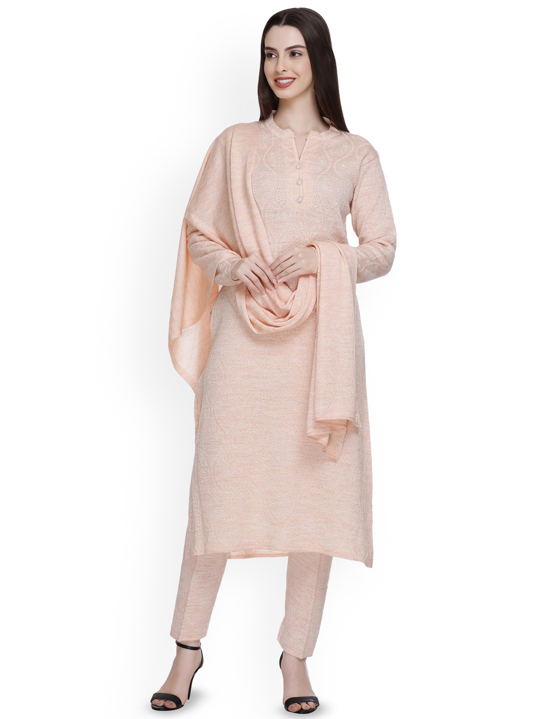 

MONTREX Floral Self Design Kurta with Trousers & Dupatta, Peach