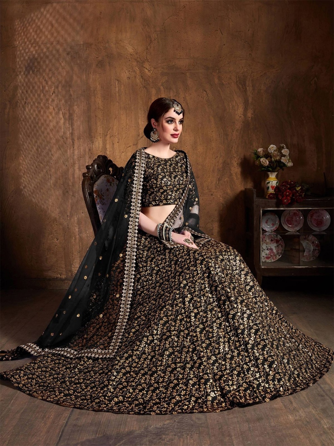 

ODETTE Embroidered Sequinned Semi-Stitched Lehenga & Blouse With Dupatta, Black