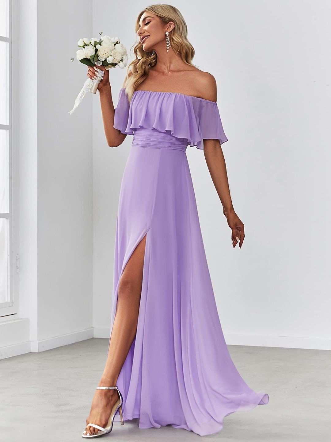 

KPOP Women Off-Shoulder Gathered or Pleated Fit and Flare Maxi Dress, Purple