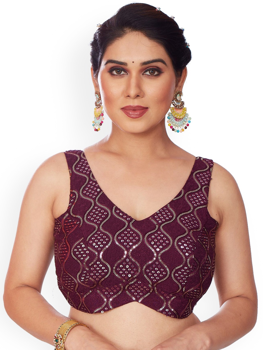 

Mmore Embroidered V- Neck Saree Blouse, Burgundy