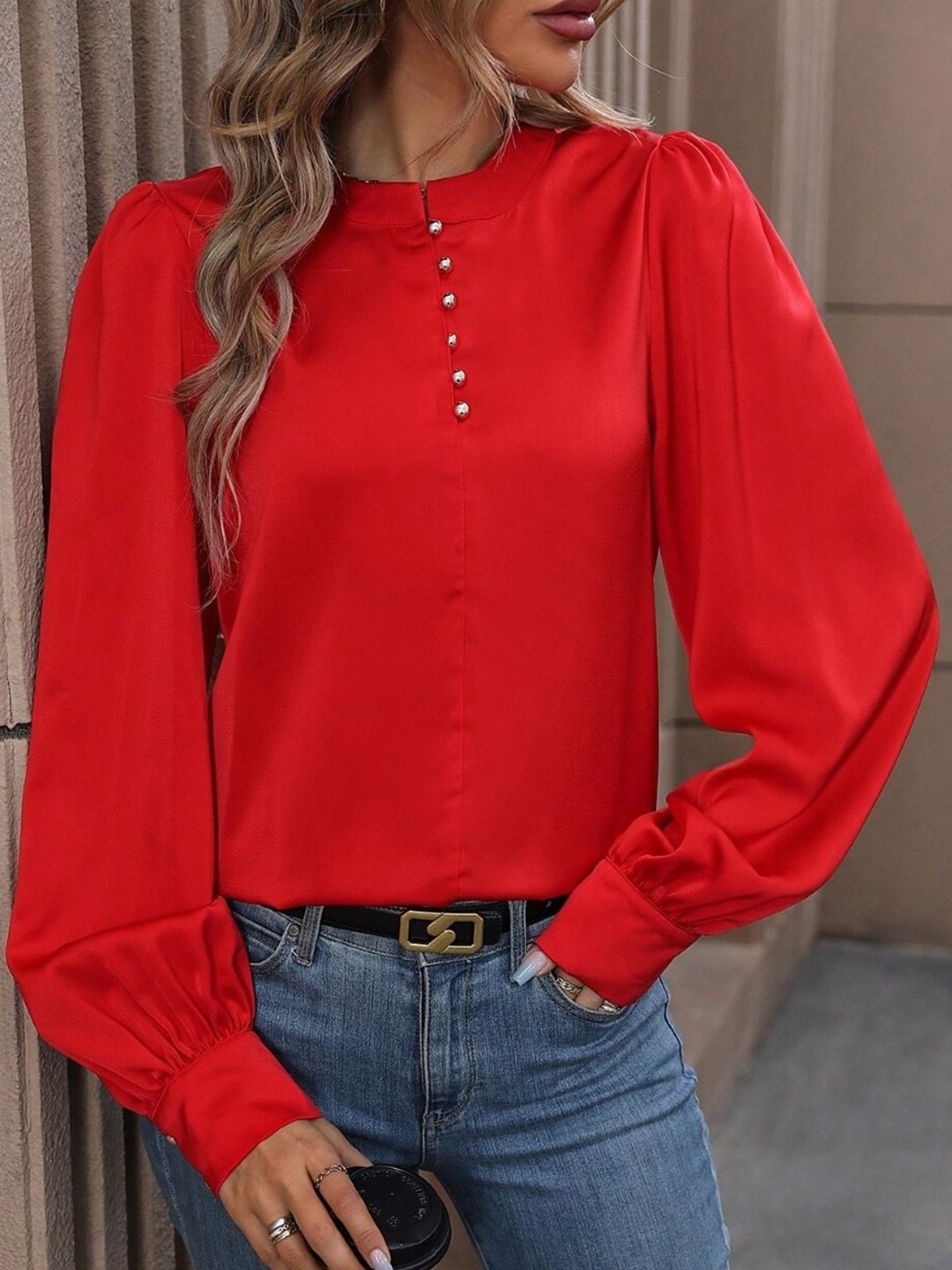 

KPOP Women Solid Mandarin Collar Top, Red